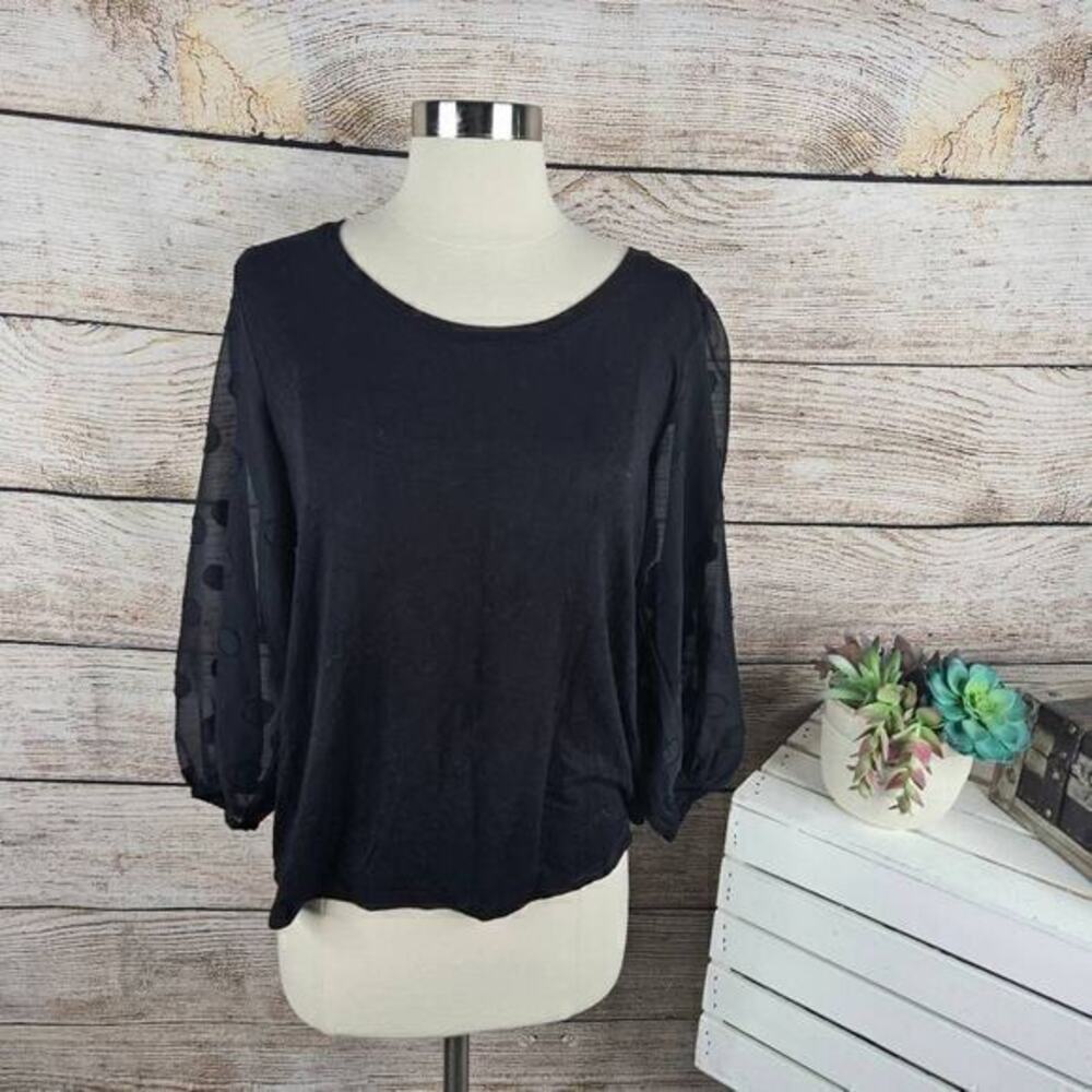 Tahari Polka Dot Sleeve Scoop Neck Jersey Top Black Size Extra Large